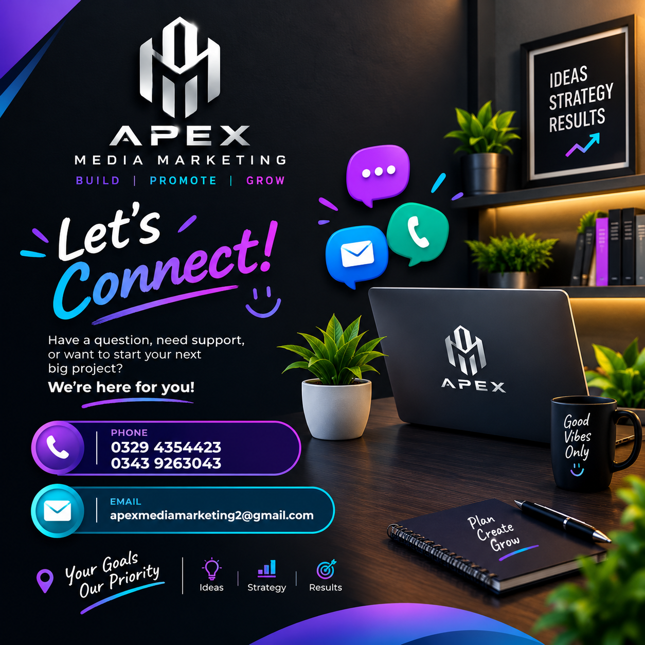Apex Media Marketing contact information for digital marketing services, including phone numbers and email address.